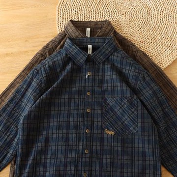 復古時尚感覺好日系格子襯衫外貿男裝潮流拼色全棉長袖襯衣小外套