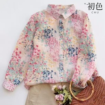 初色 棉麻風碎花單排釦寬鬆薄款長袖襯衫上衣女上衣-花色-10537(M-2XL可選)