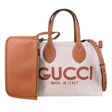 GUCCI 字母LOGO帆布小號兩用托特包.米/棕