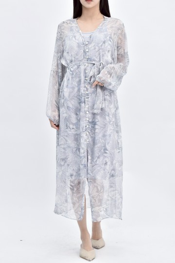 (L) 質感兩件式透膚長袖藍色綁帶洋裝