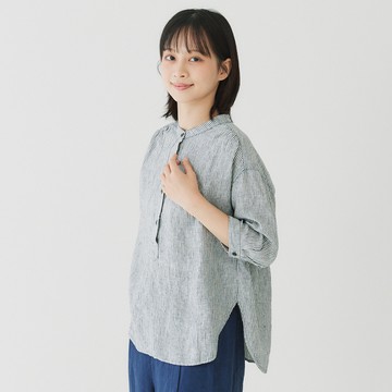 半開條紋亞麻衣 黑F