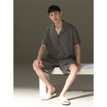純棉無印風男士睡衣夏季薄款開衫短袖青少年可外穿簡約條紋家居服