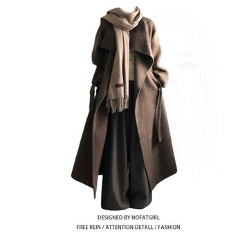 大碼胖MM高級感千金風廓形大衣女中長款系帶外套氣質通勤冬季保暖