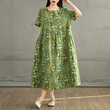 大尺碼洋裝 夏季大碼女裙復古棉麻圓領花口袋短袖連身裙女寬鬆顯瘦中長裙
