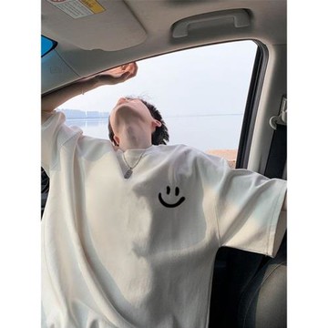 100%純棉短袖t恤男士夏季潮牌百搭笑臉學生高級感寬松半袖ins上衣