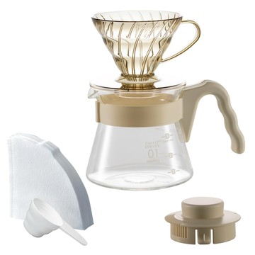 HARIO 好璃奧 V60 20周年自然米手沖咖啡壺組 VCSD-01-20CP-KB  1套  樹脂濾杯 + 玻璃咖啡壺 + 濾紙 + 量匙  450ml