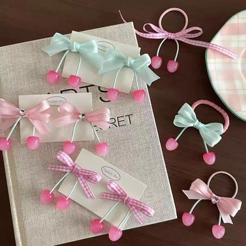 🎀biubiu童裝🎀韓系甜美櫻桃髮夾可愛粉格蝴蝶結頭繩兒童馬尾髮圈燕尾扎辮髮夾