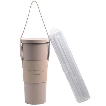 GREEN CUP芊杯內外316不鏽鋼真空吸管杯-800ml-經典奶茶色-贈送皮革杯套+吸管組-1組