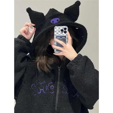 庫洛米jk制服刺繡黑色連帽衛衣仿羊羔絨秋冬少女加絨寬松外套女潮