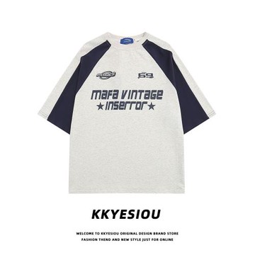 KKyesiou插肩袖美式復古潮牌短袖T恤男女oversize學院風情侶上衣