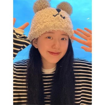 趙露思同款小熊可愛羊羔絨針織帽保暖護耳冬季帽子ins可愛毛線帽