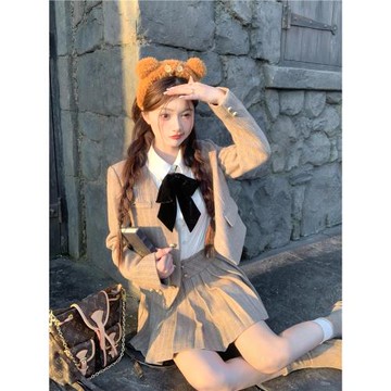 Q女家 哲學系早課/學院咖色30%羊毛呢子西裝外套半裙套裝女兩件套