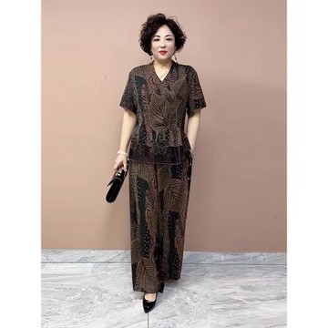 時尚媽媽裝夏季新款真絲兩件套高檔拼接刺繡桑大碼短袖上衣闊腿褲