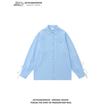 日系學院風純色春夏秋長袖襯衫女小眾設計寬松綁帶慵懶風防曬襯衣
