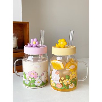 玻璃杯卡通高顏值喝水杯子耐高溫大容量吸管杯宿舍家用果汁牛奶杯