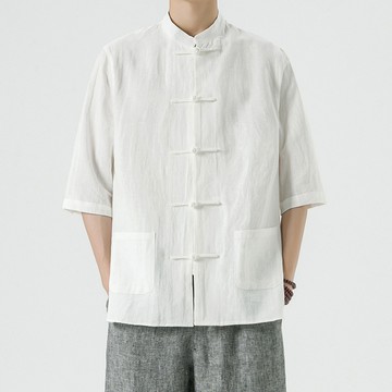 高質感亞麻料！盤扣七分袖襯衫 / 4色 / M-5XL / 大尺碼【QTJBYC803】