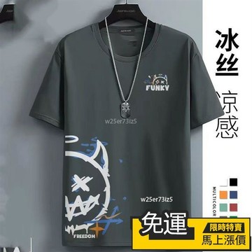 🔥 熱銷🔥冰絲短袖男 夏季速干T恤 透氣網眼上衣 寬松休閑 大碼男裝 薄款體恤衫 男士半袖短袖 印花T恤 涼感T恤