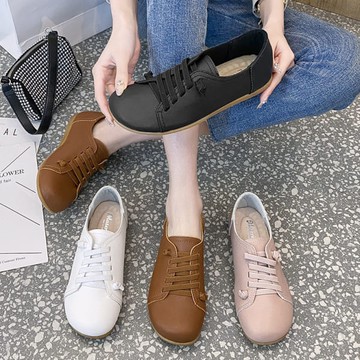 【36-43全尺碼】饅頭鞋．MIT舒適皮革繫帶平底方頭包鞋．白鳥麗子