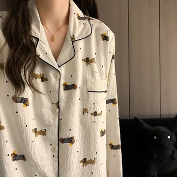 韓版ins小狗帶胸墊一體睡衣女款春秋季純棉紗布長袖套裝家居服夏