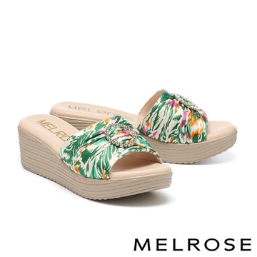 拖鞋 MELROSE 美樂斯 夏日輕旅 豔夏圓鑽釦花布輕量厚底拖鞋－綠