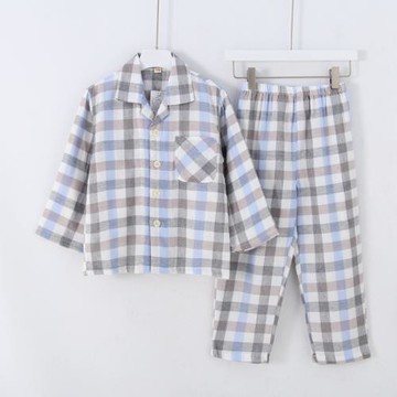 日系男孩兒童中大童簡約格子棉紗家居服套裝男童睡衣秋 春秋 純棉
