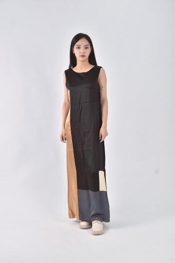 (S) 無袖拼接黑色洋裝