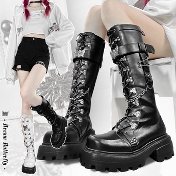 轉校生 謎夢蝴蝶 原創秋冬高筒馬丁靴方頭朋克風長靴百搭騎士靴女