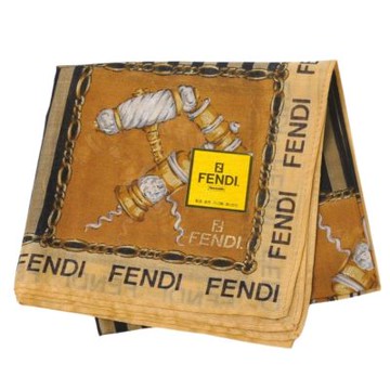 FENDI 格紋鏈飾印花圖騰品牌字母LOGO滾邊帕領巾(駝色邊/47CM)
