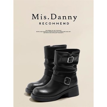 與愛私奔~西部牛仔短靴女2025秋冬增高復古擦色堆堆靴厚底馬丁靴