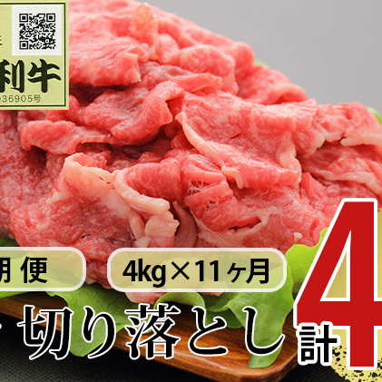 《定期便》11ヶ月連続 秋田由利牛 バラ切り落とし 4kg（1kg×4パック）