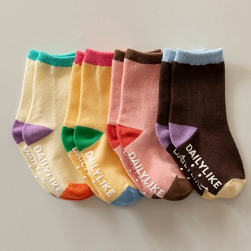 韓國 Daily Like - 兒童襪子/中筒襪4入組-拼色02-米X粉X黃X咖