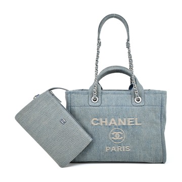 CHANEL 經典Deauvill帆布鏈帶中號托特包（灰藍）_廠商直送