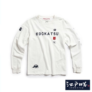 江戶勝 男裝 經典繡花圖騰薄長袖T恤-米白色