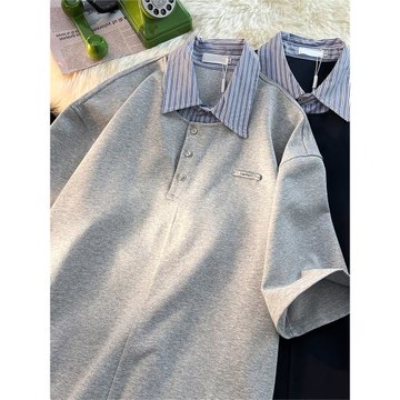 夏季條紋拼接翻領短袖Polo衫男寬松休閑潮牌痞帥設計感假兩件T恤