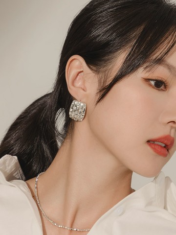 方塊格紋造型925純銀耳針耳環