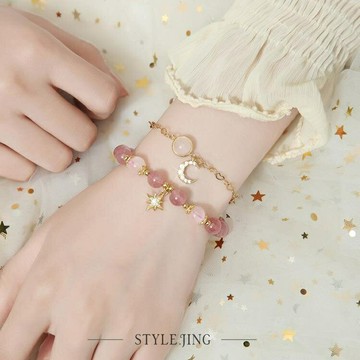 手錬女ins小眾設計感手飾品桃花草莓晶手串學生閨蜜情侶生日禮物3 雙11全館免運