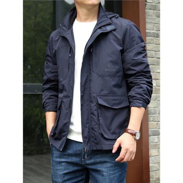 春秋新款男士夾克多袋工裝外套寬松大碼連帽戶外休閑沖鋒夾克衫