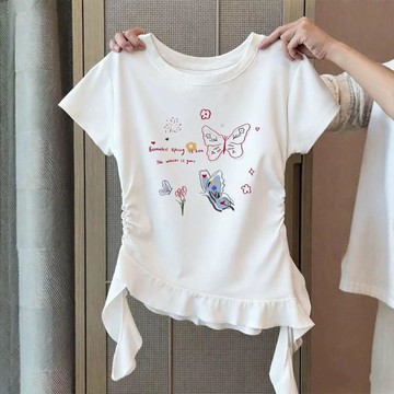 🍭臺灣出貨🍭白色棉質不規則荷葉邊短袖T恤ins女童2026年夏季學生別緻修身上衣 兒童短袖上衣\t兒童短袖\t大童短袖\t