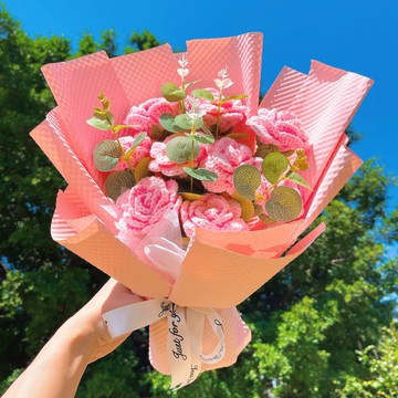情人節禮盒  客製化禮物2026手工鉤編繁榮玫瑰花束 - 9 朵