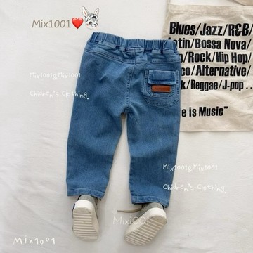🌈✨mix1001質感後口袋皮標字母牛仔褲✨兒童純色百搭口袋造型9分牛仔褲5-17