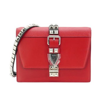 Prada 普拉達 展示品 Saffiano Eleltra 銀釦全皮鉚釘鍊帶斜背包(1BD120-紅)
