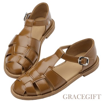 【Grace Gift】Grace GiftxHealer-日系女孩編織羅馬平底涼鞋 棕