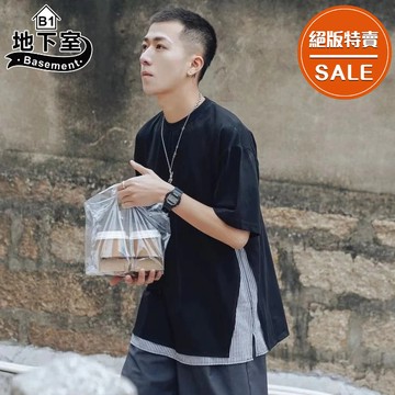 最後出清▼地下室-短袖上衣 日系假兩件條紋t恤 圓領 寬鬆 夏季穿搭 男生衣服 圓領 ins潮流【NL623341】