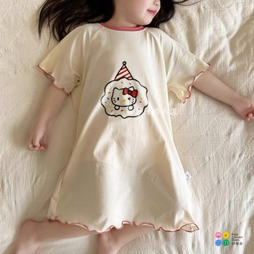【台灣出貨】春夏冰絲薄款hellokitty兒童可愛家居裙韓版卡通短袖連體睡裙中小女童睡衣女童家居服 女童空調服女童睡裙