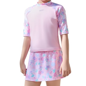 Speedo 女孩休閒兩件式防曬上衣+泳裙 Splash & Learn  7-8  粉碎花