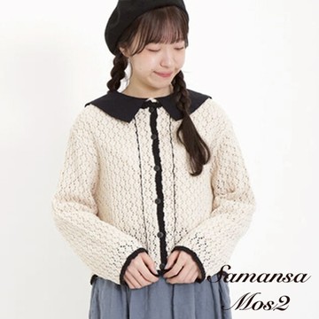 Samansa Mos2 輕甜縷空蕾絲配色圓領開襟衫(FB41L2D0180)