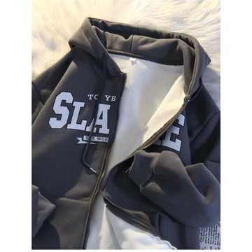 美式高街連帽開衫加絨加厚衛衣男秋冬季ins潮牌寬松印花夾克外套