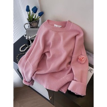 粉色立體花朵針織毛衣2024秋裝新款時尚氣質獨特別致歐美范上衣女