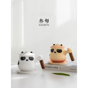 叁旬熊貓泡茶馬克杯創意陶瓷茶水分離杯子帶蓋男女辦公室過濾水杯