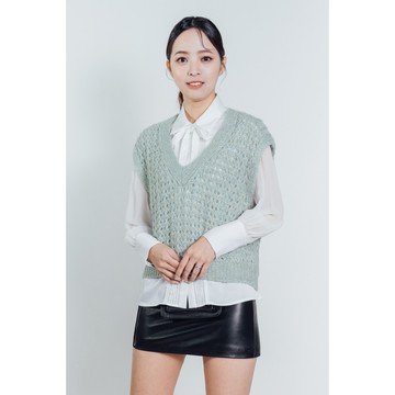 AVVJOY銀蔥V領粗針毛衣背心法式文青風百搭寬鬆版型微奢華銀蔥亮片